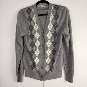 Lyle & Scott Grey Argyle 100% Pure Cashmere V-Neck Cardigan Sweater Scotland 38